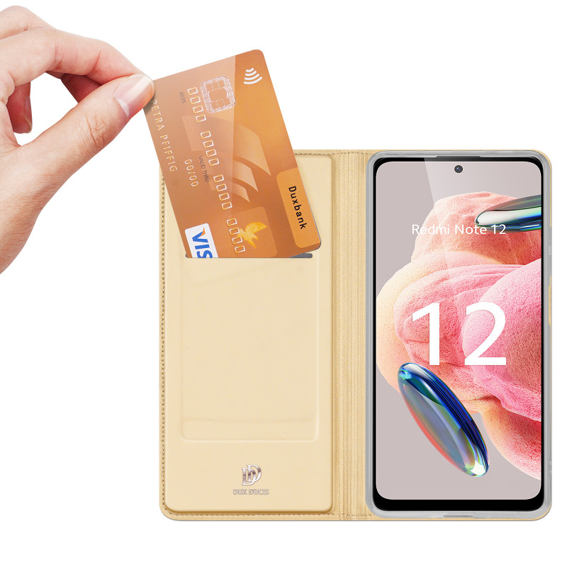 Dux Ducis Skin Pro dėklas, skirtas Xiaomi Redmi Note 12 atverčiamas dangtelis kortelės piniginės stovas auksinis