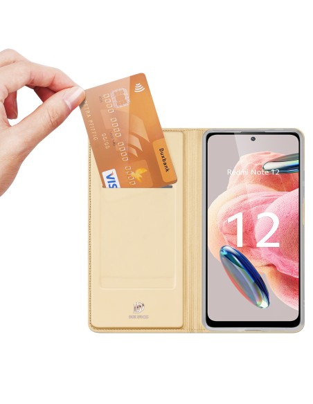 Dux Ducis Skin Pro dėklas, skirtas Xiaomi Redmi Note 12 atverčiamas dangtelis kortelės piniginės stovas auksinis Dux Ducis Skin Pro dėklas, skirtas Xiaomi Redmi Note 12 atverčiamas dangtelis kortelės piniginės stovas auksinis