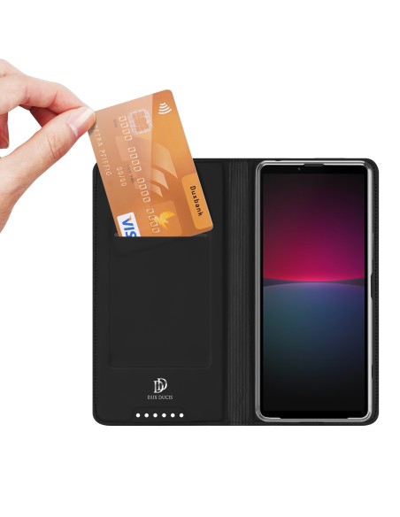 Dux Ducis Skin Pro dėklas, skirtas Sony Xperia 10 V atverčiamas dangtelis kortelės piniginės stovas juodas