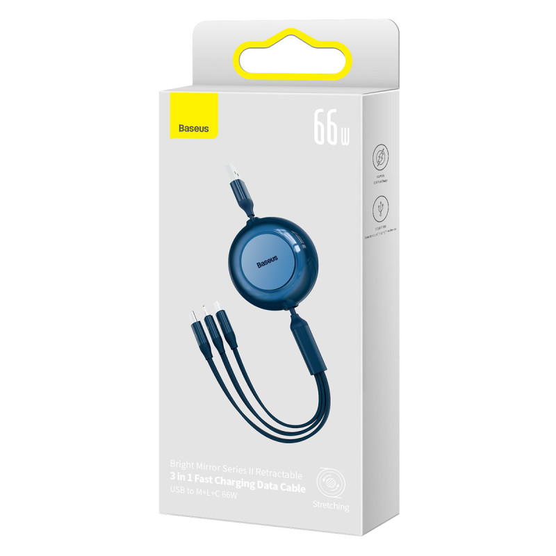 Ištraukiamas kabelis 3in1 USB microUSB + iPhone Lightning + USB-C 66W 1,1m mėlynas