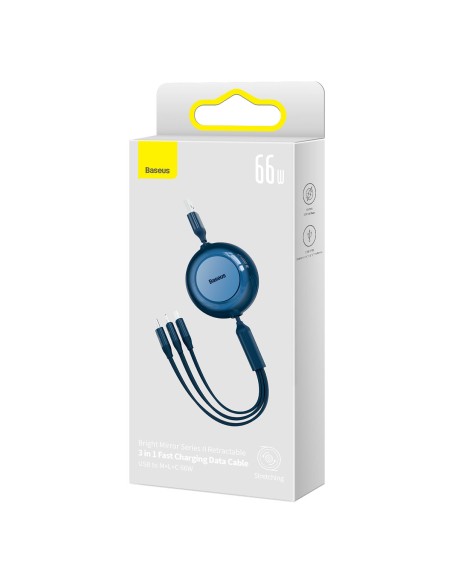 Ištraukiamas kabelis 3in1 USB microUSB + iPhone Lightning + USB-C 66W 1,1m mėlynas Ištraukiamas kabelis 3in1 USB microUSB + iPhone Lightning + USB-C 66W 1,1m mėlynas