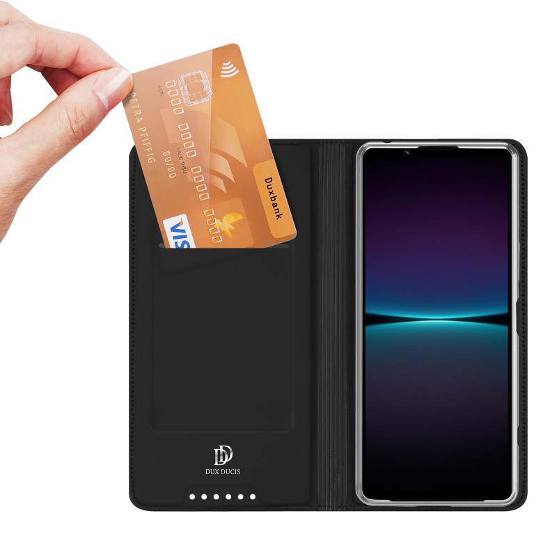 Dux Ducis Skin Pro dėklas, skirtas Sony Xperia 1 V atverčiamas dangtelis kortelės piniginės stovas juodas