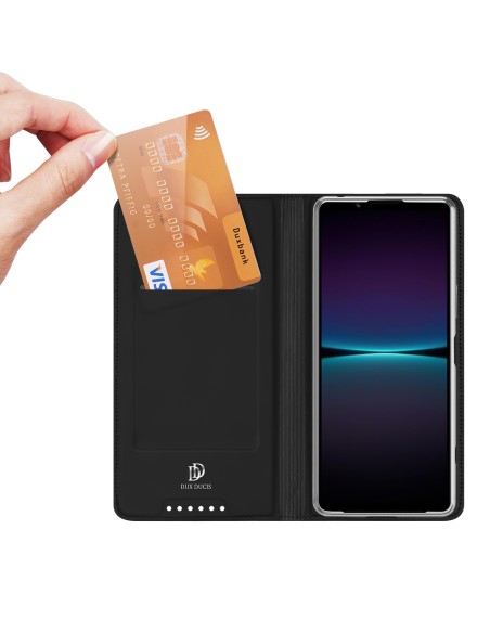 Dux Ducis Skin Pro dėklas, skirtas Sony Xperia 1 V atverčiamas dangtelis kortelės piniginės stovas juodas Dux Ducis Skin Pro dėklas, skirtas Sony Xperia 1 V atverčiamas dangtelis kortelės piniginės stovas juodas
