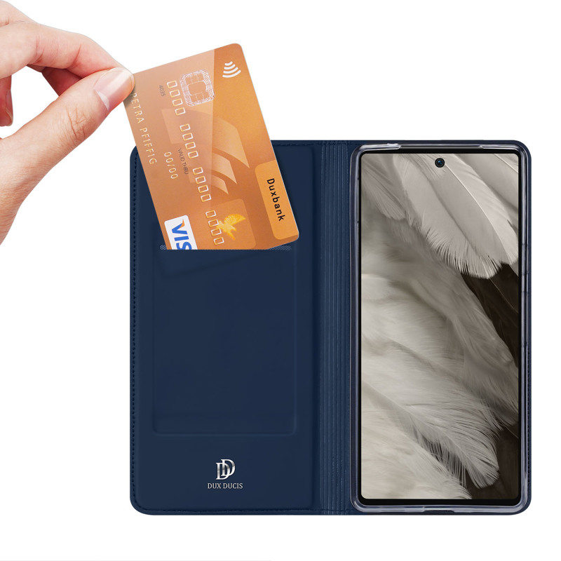 Dux Ducis Skin Pro dėklas, skirtas Google Pixel 7a dangteliu su atvartu, kortelės piniginės stovu mėlynas