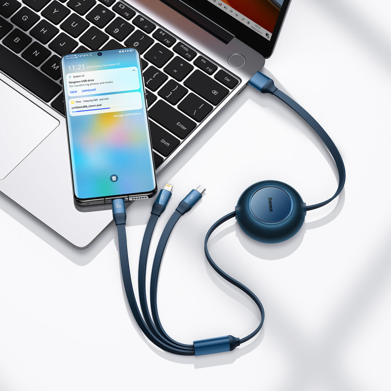 Ištraukiamas kabelis 3in1 USB microUSB + iPhone Lightning + USB-C 66W 1,1m mėlynas