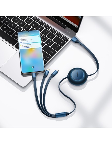 Ištraukiamas kabelis 3in1 USB microUSB + iPhone Lightning + USB-C 66W 1,1m mėlynas Ištraukiamas kabelis 3in1 USB microUSB + iPhone Lightning + USB-C 66W 1,1m mėlynas