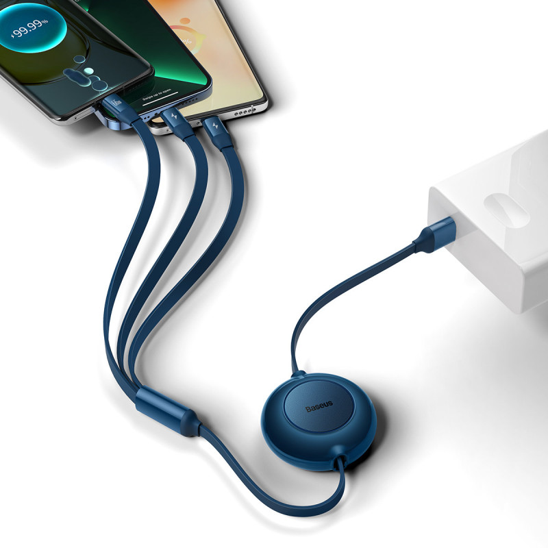 Ištraukiamas kabelis 3in1 USB microUSB + iPhone Lightning + USB-C 66W 1,1m mėlynas