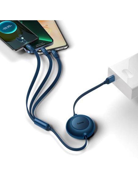 Ištraukiamas kabelis 3in1 USB microUSB + iPhone Lightning + USB-C 66W 1,1m mėlynas Ištraukiamas kabelis 3in1 USB microUSB + iPhone Lightning + USB-C 66W 1,1m mėlynas