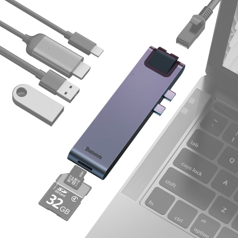 Prijungimo stotelė HUB 7in1 USB-C Thunderbolt MacBook Pro 2016 2017 2018 pilka