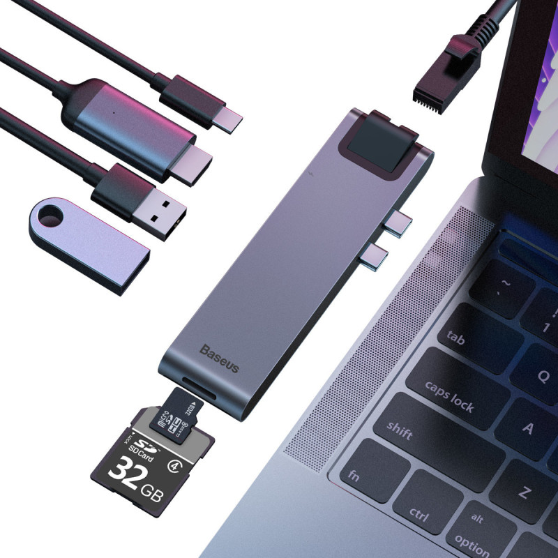 Prijungimo stotelė HUB 7in1 USB-C Thunderbolt MacBook Pro 2016 2017 2018 pilka