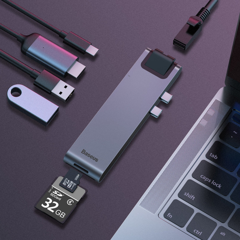 Prijungimo stotelė HUB 7in1 USB-C Thunderbolt MacBook Pro 2016 2017 2018 pilka