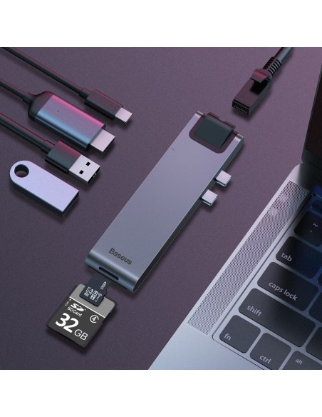 Prijungimo stotelė HUB 7in1 USB-C Thunderbolt MacBook Pro 2016 2017 2018 pilka