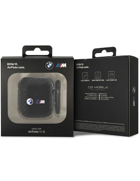 BMW Carbon Double Metal Logo dėklas, skirtas AirPods 1/ 2 - juodas BMW Carbon Double Metal Logo dėklas, skirtas AirPods 1/ 2 - juodas
