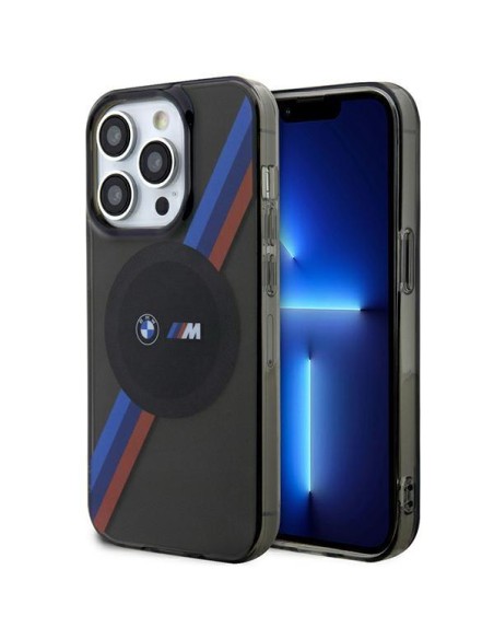 BMW Tricolor Stripes MagSafe dėklas iPhone 14 Pro - pilkas