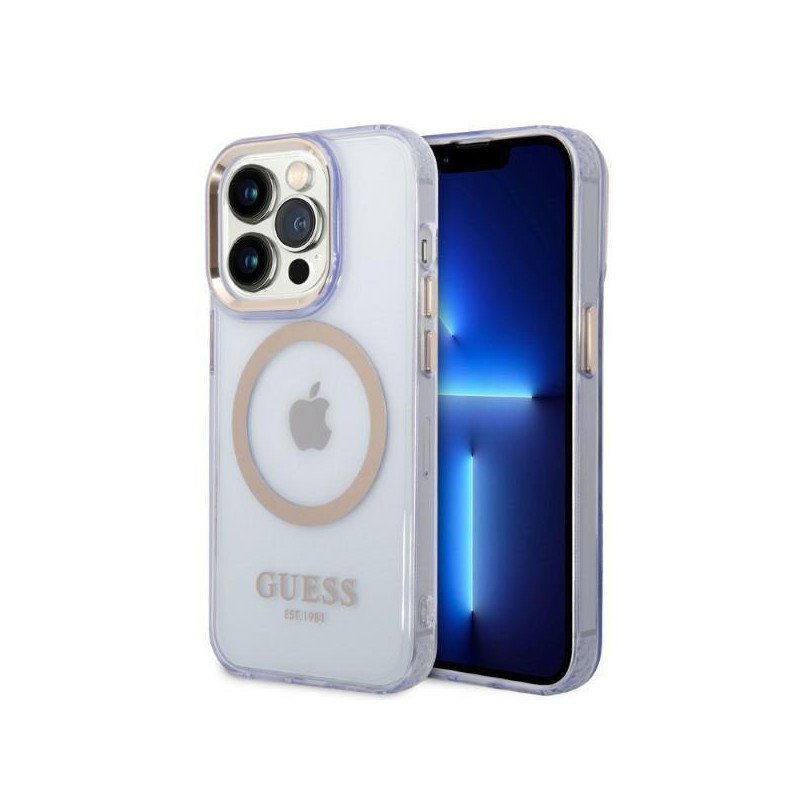 Guess Gold Outline permatomas MagSafe dėklas, skirtas iPhone 14 Pro – violetinė