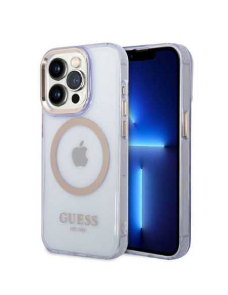 Guess Gold Outline permatomas MagSafe dėklas, skirtas iPhone 14 Pro – violetinė Guess Gold Outline permatomas MagSafe dėklas, skirtas iPhone 14 Pro – violetinė