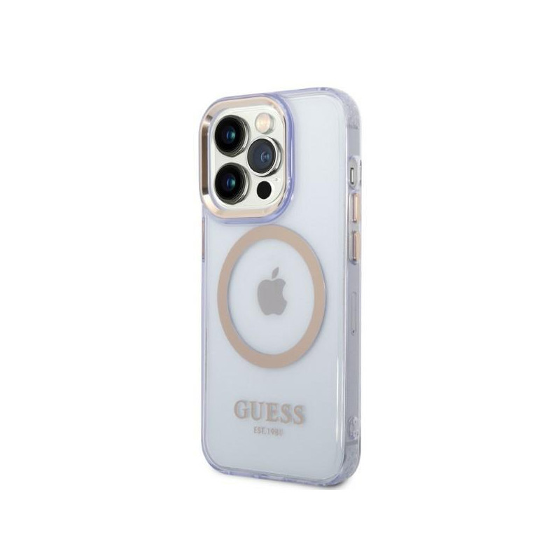 Guess Gold Outline permatomas MagSafe dėklas, skirtas iPhone 14 Pro – violetinė