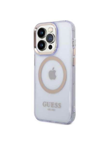 Guess Gold Outline permatomas MagSafe dėklas, skirtas iPhone 14 Pro – violetinė Guess Gold Outline permatomas MagSafe dėklas, skirtas iPhone 14 Pro – violetinė
