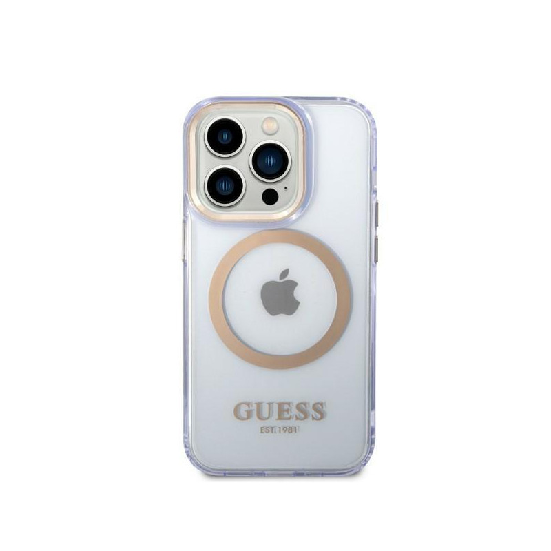 Guess Gold Outline permatomas MagSafe dėklas, skirtas iPhone 14 Pro – violetinė