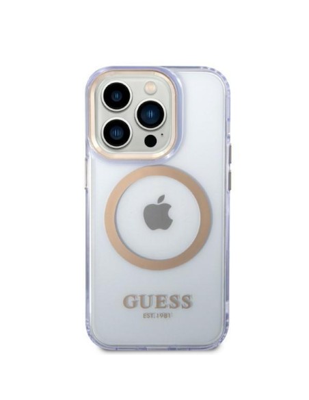 Guess Gold Outline permatomas MagSafe dėklas, skirtas iPhone 14 Pro – violetinė Guess Gold Outline permatomas MagSafe dėklas, skirtas iPhone 14 Pro – violetinė
