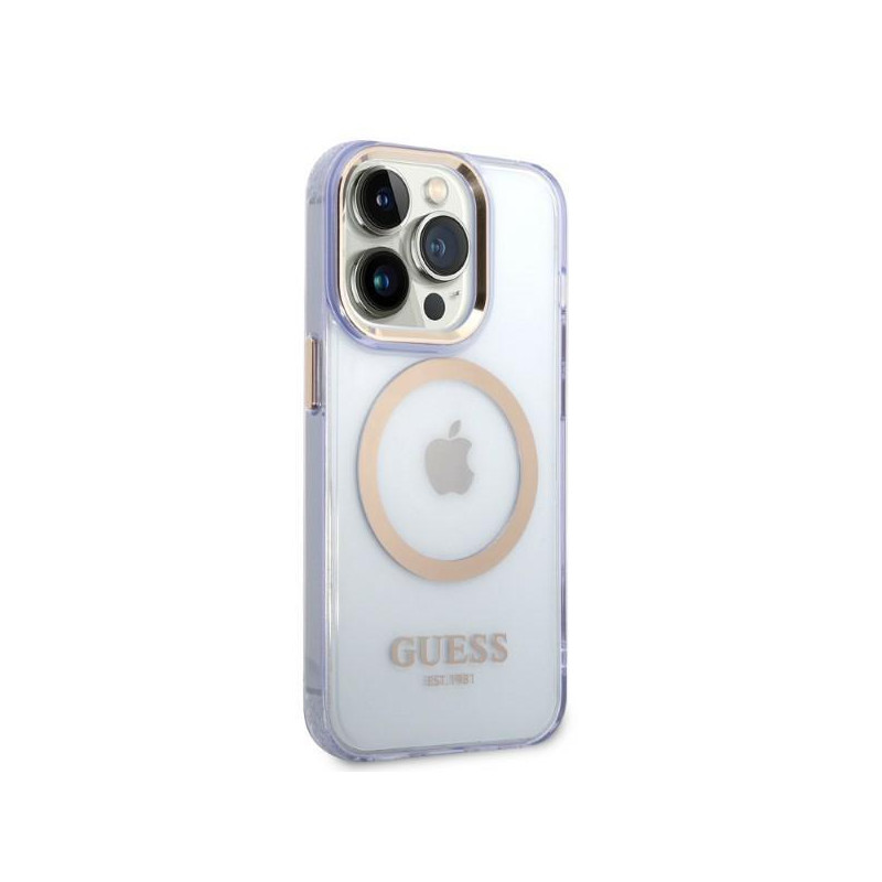 Guess Gold Outline permatomas MagSafe dėklas, skirtas iPhone 14 Pro – violetinė