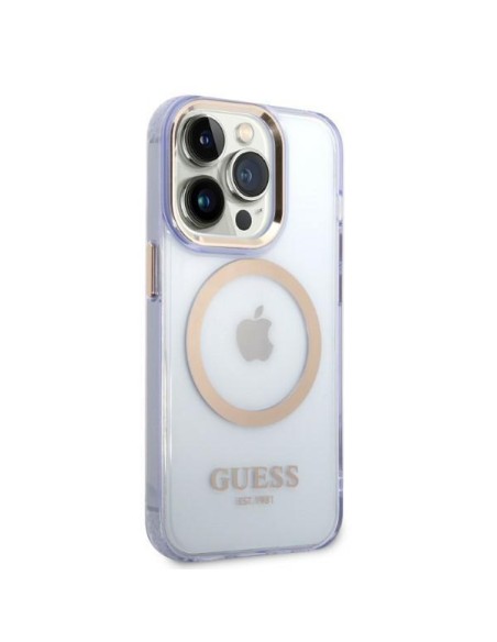 Guess Gold Outline permatomas MagSafe dėklas, skirtas iPhone 14 Pro – violetinė Guess Gold Outline permatomas MagSafe dėklas, skirtas iPhone 14 Pro – violetinė