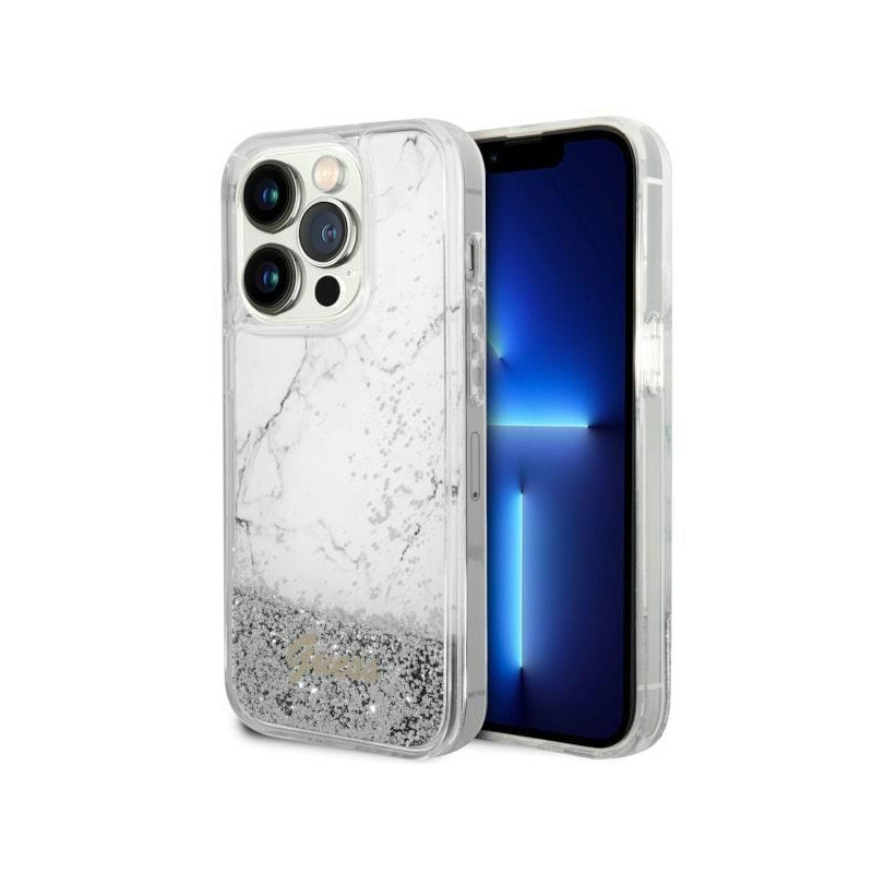 Guess Liquid Glitter Marble dėklas iPhone 14 Pro - baltas