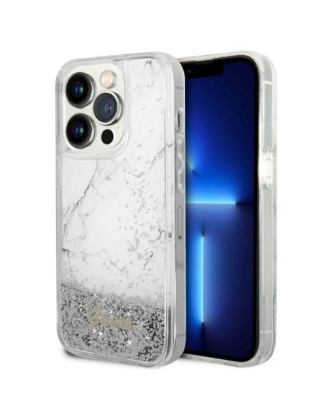 Guess Liquid Glitter Marble dėklas iPhone 14 Pro - baltas Guess Liquid Glitter Marble dėklas iPhone 14 Pro - baltas