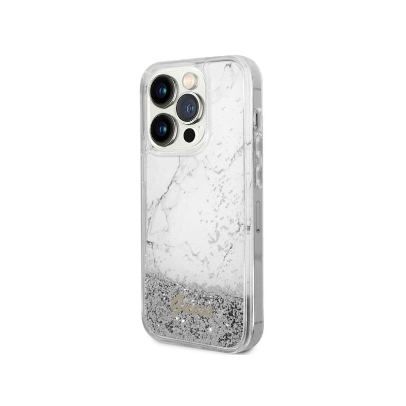 Guess Liquid Glitter Marble dėklas iPhone 14 Pro - baltas