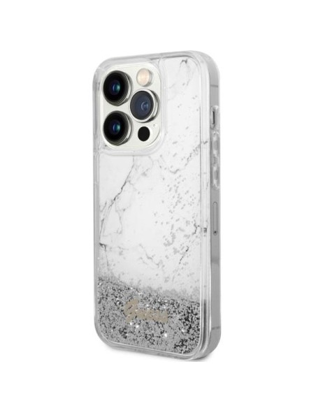 Guess Liquid Glitter Marble dėklas iPhone 14 Pro - baltas Guess Liquid Glitter Marble dėklas iPhone 14 Pro - baltas