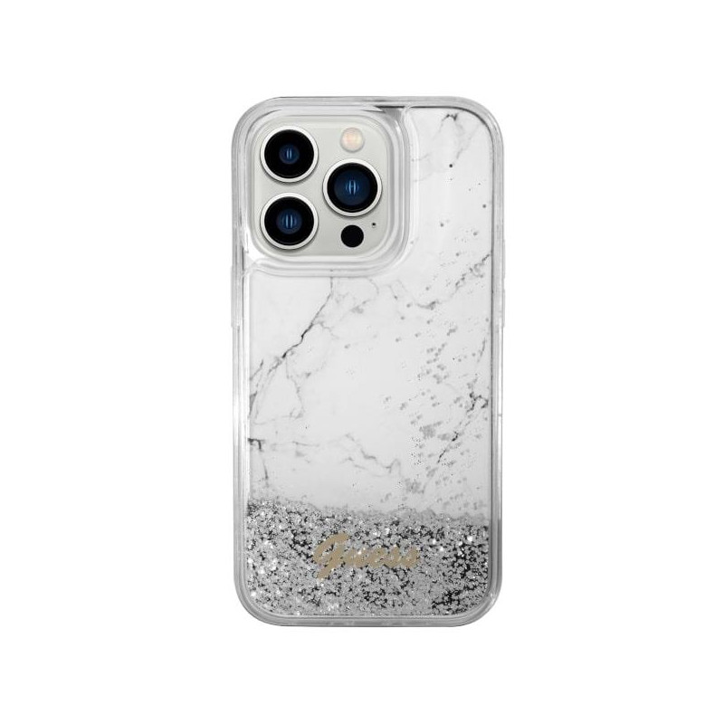 Guess Liquid Glitter Marble dėklas iPhone 14 Pro - baltas