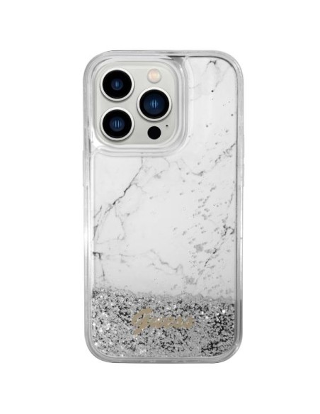 Guess Liquid Glitter Marble dėklas iPhone 14 Pro - baltas Guess Liquid Glitter Marble dėklas iPhone 14 Pro - baltas