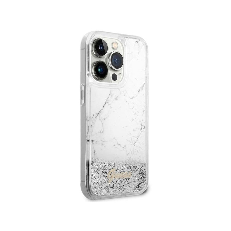 Guess Liquid Glitter Marble dėklas iPhone 14 Pro - baltas