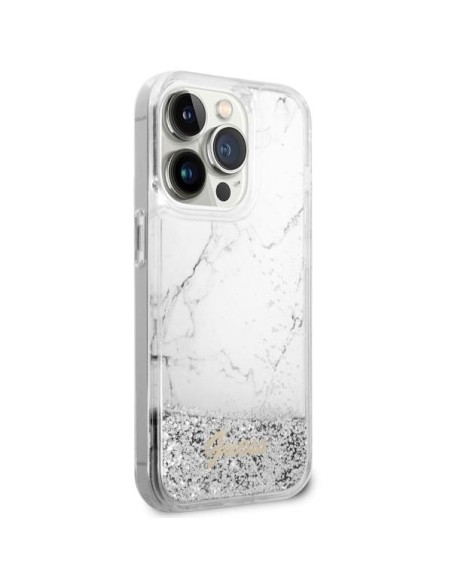Guess Liquid Glitter Marble dėklas iPhone 14 Pro - baltas Guess Liquid Glitter Marble dėklas iPhone 14 Pro - baltas