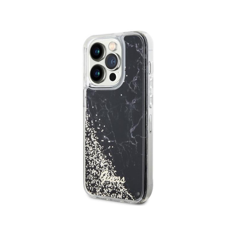 Guess Liquid Glitter Marble dėklas iPhone 14 Pro - juodas