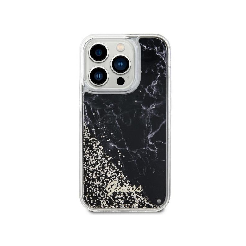 Guess Liquid Glitter Marble dėklas iPhone 14 Pro - juodas