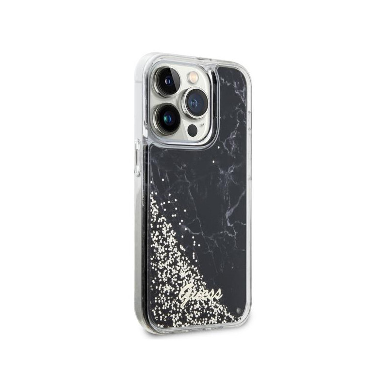 Guess Liquid Glitter Marble dėklas iPhone 14 Pro - juodas