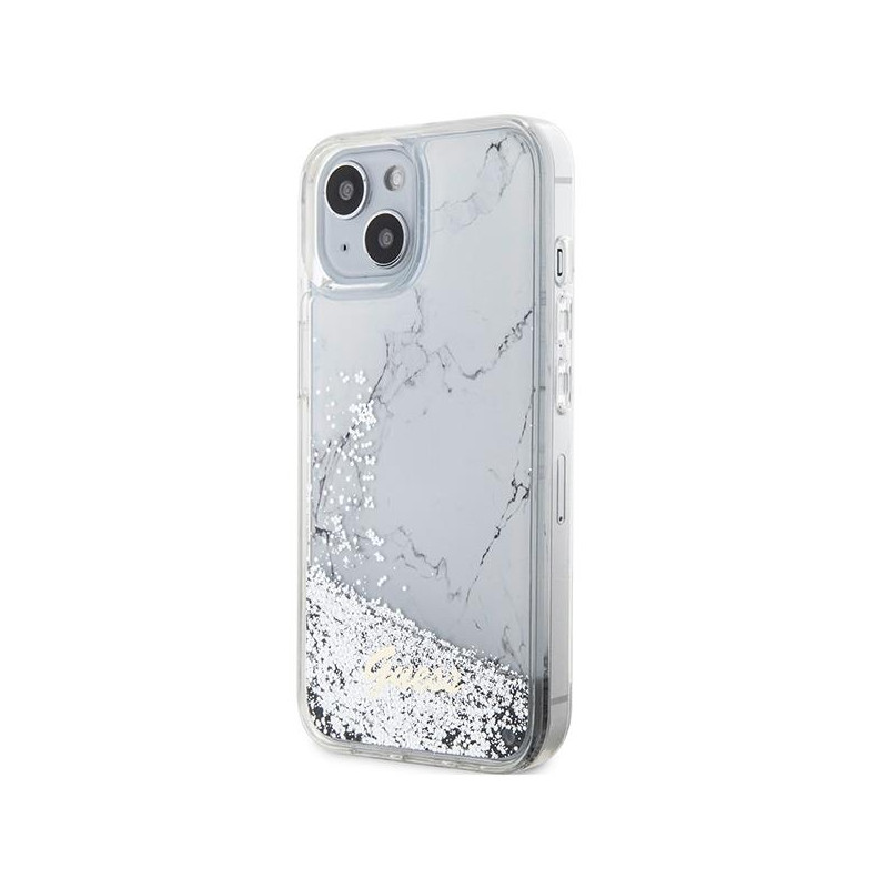 Guess Liquid Glitter Marble dėklas iPhone 14 - baltas