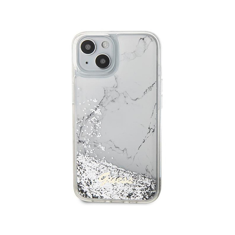Guess Liquid Glitter Marble dėklas iPhone 14 - baltas