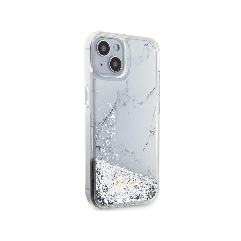 Guess Liquid Glitter Marble dėklas iPhone 14 - baltas