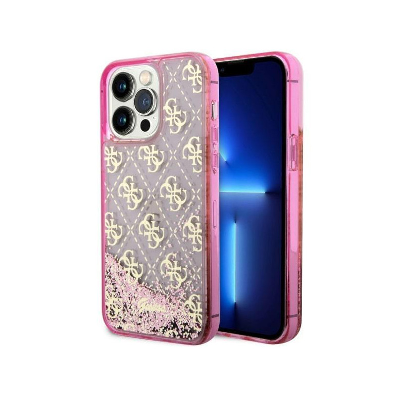 Guess Liquid Glitter 4G Transculent dėklas, skirtas iPhone 14 Pro Max - rožinis