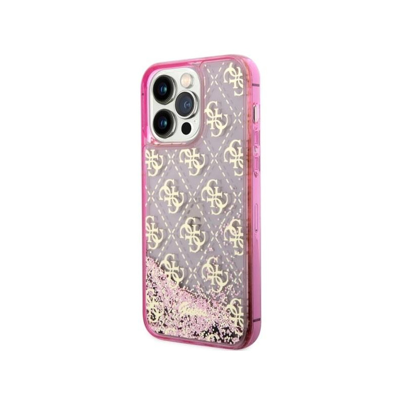 Guess Liquid Glitter 4G Transculent dėklas, skirtas iPhone 14 Pro Max - rožinis