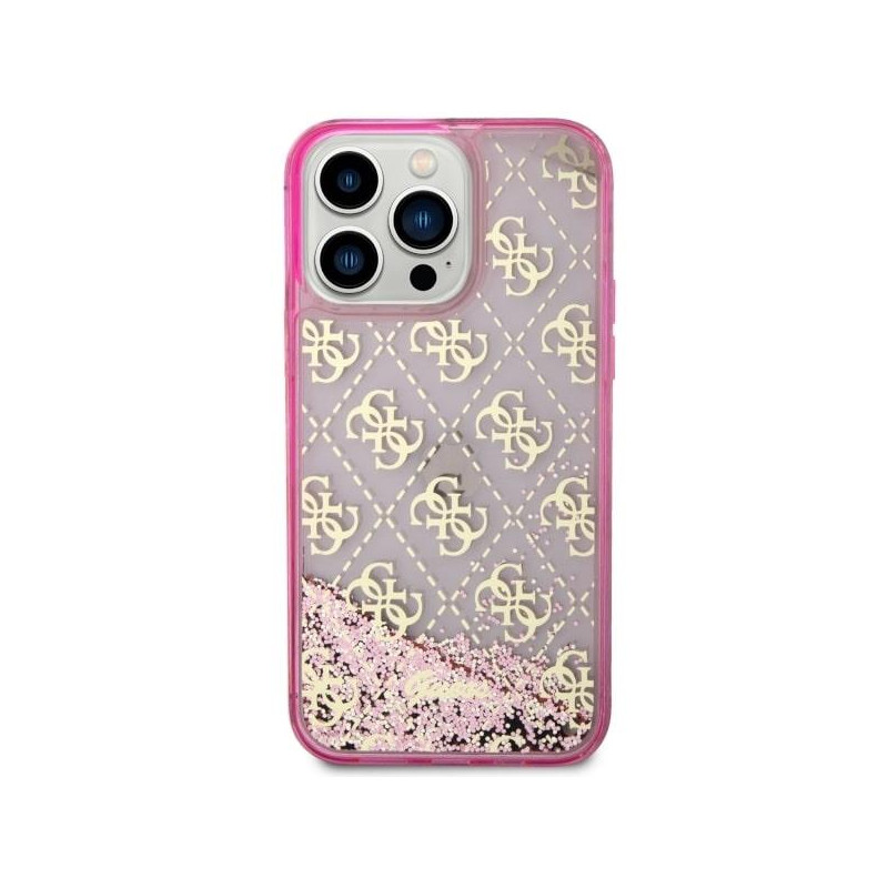Guess Liquid Glitter 4G Transculent dėklas, skirtas iPhone 14 Pro Max - rožinis