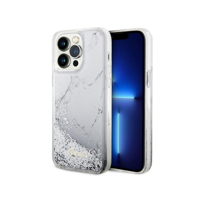 Guess Liquid Glitter Marble dėklas, skirtas iPhone 14 Pro Max - baltas