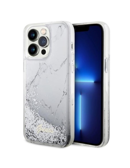 Guess Liquid Glitter Marble dėklas, skirtas iPhone 14 Pro Max - baltas Guess Liquid Glitter Marble dėklas, skirtas iPhone 14 Pro Max - baltas