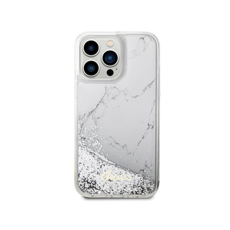 Guess Liquid Glitter Marble dėklas, skirtas iPhone 14 Pro Max - baltas