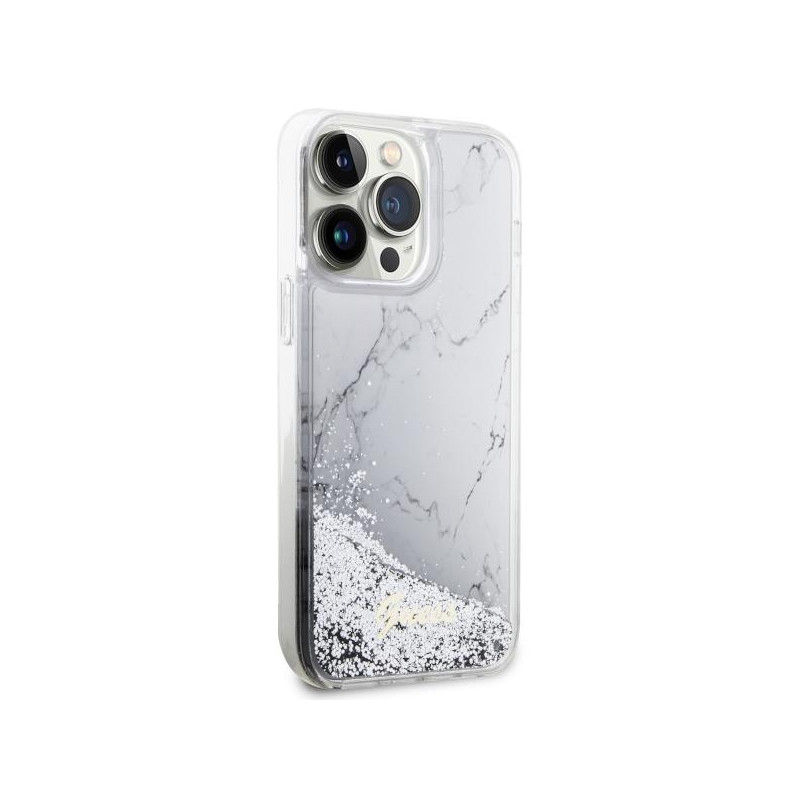 Guess Liquid Glitter Marble dėklas, skirtas iPhone 14 Pro Max - baltas