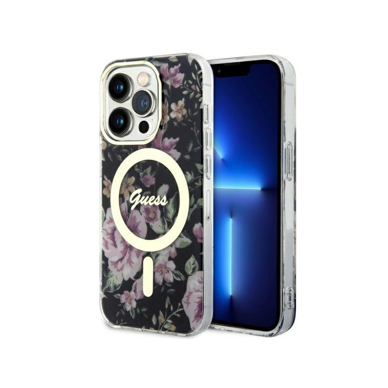 Guess Flower MagSafe dėklas iPhone 14 Pro - juodas