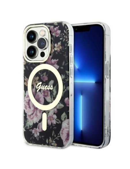 Guess Flower MagSafe dėklas iPhone 14 Pro - juodas