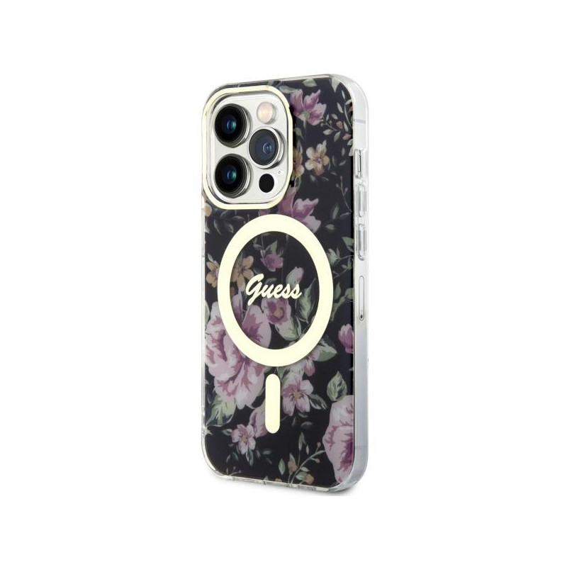 Guess Flower MagSafe dėklas iPhone 14 Pro - juodas